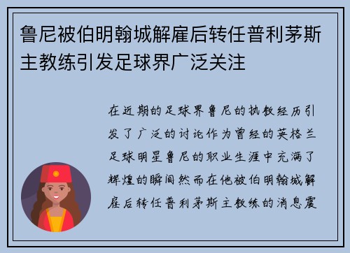 鲁尼被伯明翰城解雇后转任普利茅斯主教练引发足球界广泛关注